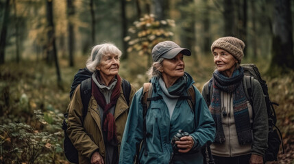 Three older women walking in the woods.