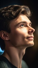 Close up of a young man looking up.