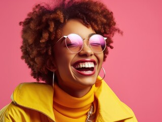 Afro-american woman with glasses laughing on pink background.