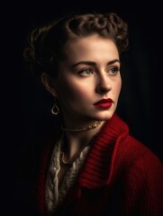 Portrait of a woman in a red sweater.