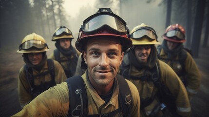 Fototapeta premium Firefighters take a group photo after extinguishing a forest fire. AI generated image