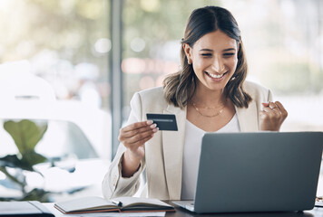 Finance, credit card and happy with woman and laptop in office for savings, investment or online shopping mockup. Success, fintech or stock market with customer and website for deal, payment or offer