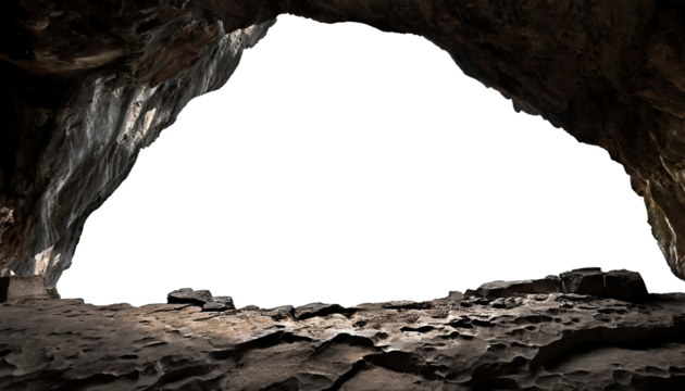 cave opening, mysterious den entrance in bright light, isolated on a transparent background. PNG, cutout, or clipping path.	
