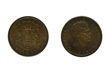 2000 Lei 1946 Mihai I. Coin of  Romania. Obverse Head right. Reverse Crowned arms with supporters