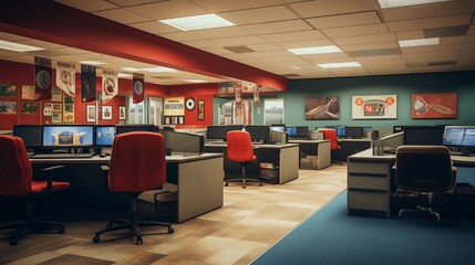 A university career center, decorated in the school's colors, featuring computers for job searches and interview prep rooms.