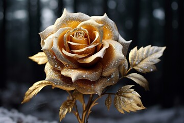 glittering golden rose on a dark backdrop, blanketed in snow. Generative AI - obrazy, fototapety, plakaty