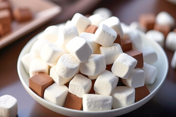 White and brown marshmallows in a bowl on a wooden table