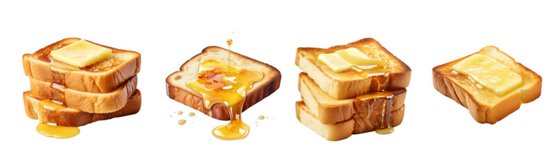 Set of toast with melting butter and honey, generative AI.