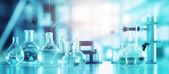 The concept of laboratory research and development in science involves using a microscope and test tubes for chemistry experiments - obrazy, fototapety, plakaty