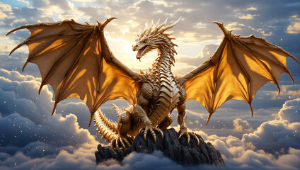A mighty golden dragon sits on a mountaintop above the clouds. - obrazy, fototapety, plakaty