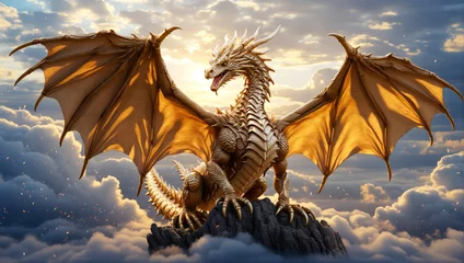 Foto op Canvas A mighty golden dragon sits on a mountaintop above the clouds. © AMERO MEDIA