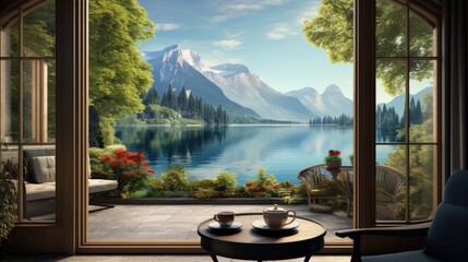 a room with a view of a lake, mountains, and a table with two cups of coffee on it.  generative ai