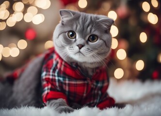 A Scottish fold cat in a Santa Claus hat and a bow on his neck sits under the New Year's tree among New Year's gifts