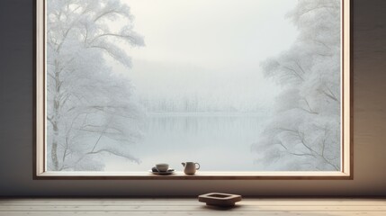  a picture of a window with a view of a snowy lake and a teapot on a table in front of it.  generative ai