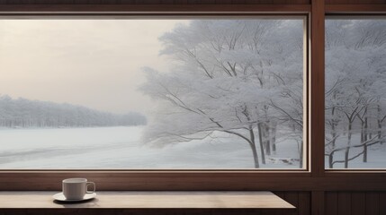  a cup of coffee sitting on a table in front of a window with a view of a snow covered forest.  generative ai