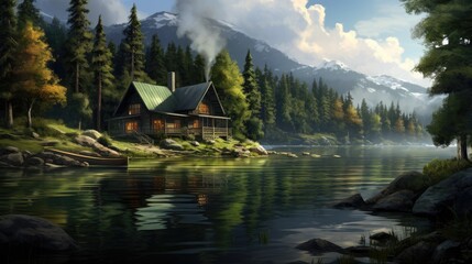 Obraz premium a painting of a cabin on the shore of a lake with a boat in the foreground and mountains in the background. generative ai