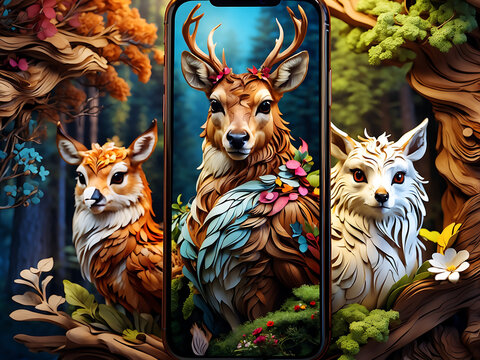 A beautiful Deer, a brown horse, a white owl, a beautiful fox all in wood nature, mesmerizing beautiful iphone wallpaper colorful and lively © mhpoint