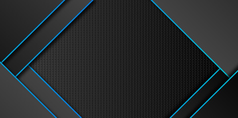 Dynamic black blue metal carbon neutral solid. Futuristic perforated technology abstract background with blue neon glowing lines 3D black technology background overlap layers on dark space