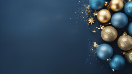 
Christmas advent celebration holiday background banner panorama greeting card - Border ornament gold and blue christmas baubles balls on blue texture - obrazy, fototapety, plakaty