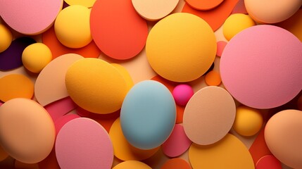 Multi-colored sponges and beauty blenders of diverse shapes resting in a semi-circular pattern, complemented by an orange background. - obrazy, fototapety, plakaty