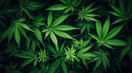 Drug legalization background - Closeup of marijuana leaves, cannabis plants, top view