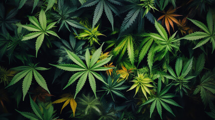 Drug legalization background - Closeup of marijuana leaves, cannabis plants, top view