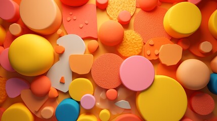 Multi-colored sponges and beauty blenders of diverse shapes resting in a semi-circular pattern, complemented by an orange background.