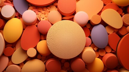 Multi-coloured sponges and beauty blenders of diverse shapes resting in a semi-circular pattern  - obrazy, fototapety, plakaty