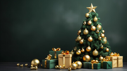 Merry Christmas holiday celebration greeting card background - Christmas tree with gold christmas ornaments, christmas baubles and green gift boxes and presents on floor