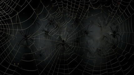 Real creepy spider webs silhouette isolated on black banner panorama - Halloween background template