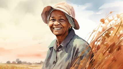 Smiling Old Black Woman with Brown Straight Hair Watercolor Illustration. Portrait of a Farmer on rural area background. Creative Drawing. Ai Generated Horizontal Illustration.