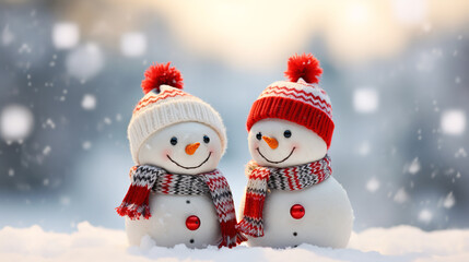 Fototapeta premium Winter holiday christmas background banner - Closeup of two cute funny laughing snowmen with red wool hat and scarf, on snowy snow snowscape