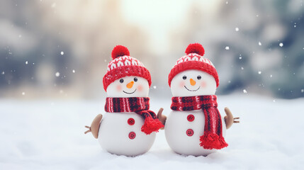 Naklejka na ściany i meble Winter holiday christmas background banner - Closeup of two cute funny laughing snowmen with red wool hat and scarf, on snowy snow snowscape