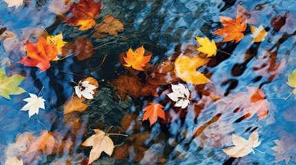  a group of leaves floating on top of a body of water next to a leaf covered tree branch in the middle of the water.  generative ai