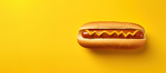 A classic hotdog with a perfect mustard drizzle set against a monochromatic yellow backdrop. A minimalist ode to iconic fast food.
