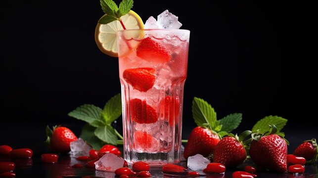 Fresh summer drink strawberry cocktail with ice cube. AI generated image