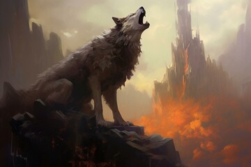 wolf howling near the battle area. Generative AI