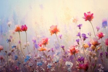 Fototapeta na wymiar Vibrant wildflowers on soft backdrop up close. Generative AI