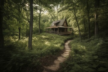 Cabin surrounded by woods and a twisting trail. Generative AI
