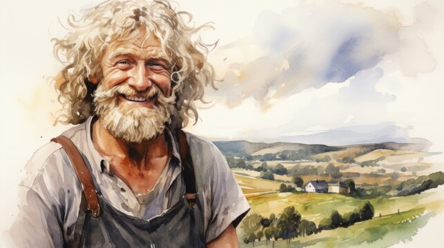 Smiling Old White Man with Blond Curly Hair Watercolor Illustration. Portrait of a Farmer on rural area background. Creative Drawing. Ai Generated Horizontal Illustration.