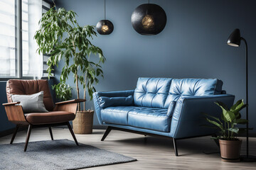 Obraz premium modern living room with blue sofa,scandinavian style,ai generated