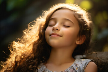 Portrait of a little girl with closed eyes facing the sun,ai generated
