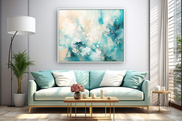Abstract painting.Painting the interior.A modern living room with sofa,ai generated