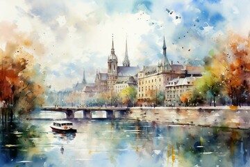 Vibrant cityscape with river, depicted in watercolor style with an impressionist touch. Generative AI - obrazy, fototapety, plakaty