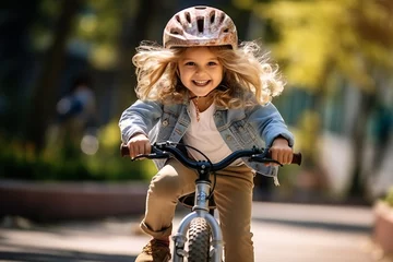 Rolgordijnen Little girl riding bike outdoors in city park,ai generated © Veronica