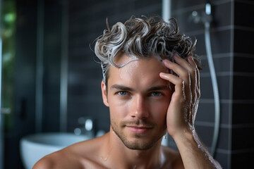 Handsome young man applying shampoo on his hair,ai generated