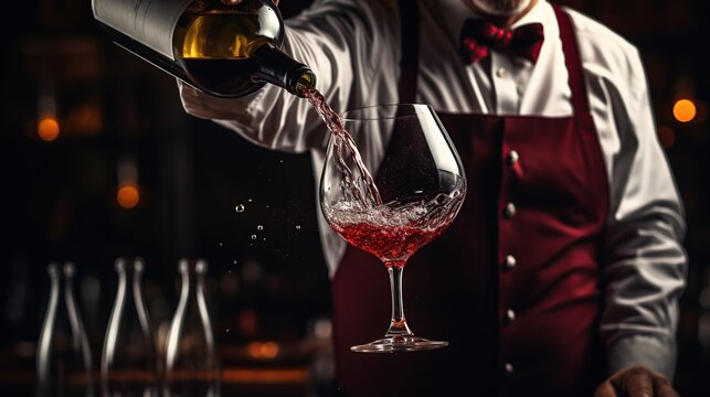 Portrait waiter pouring red wine into wineglass dark background. AI generated image