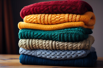 Colorful knitted sweaters stacked on the border,ai generated