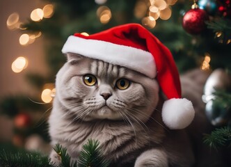 Obraz premium A Scottish fold cat in a Santa Claus hat and a bow on his neck sits under the New Year's tree among New Year's gifts