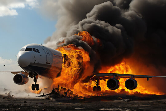 Crush of plane.Engines on fire,ai generated